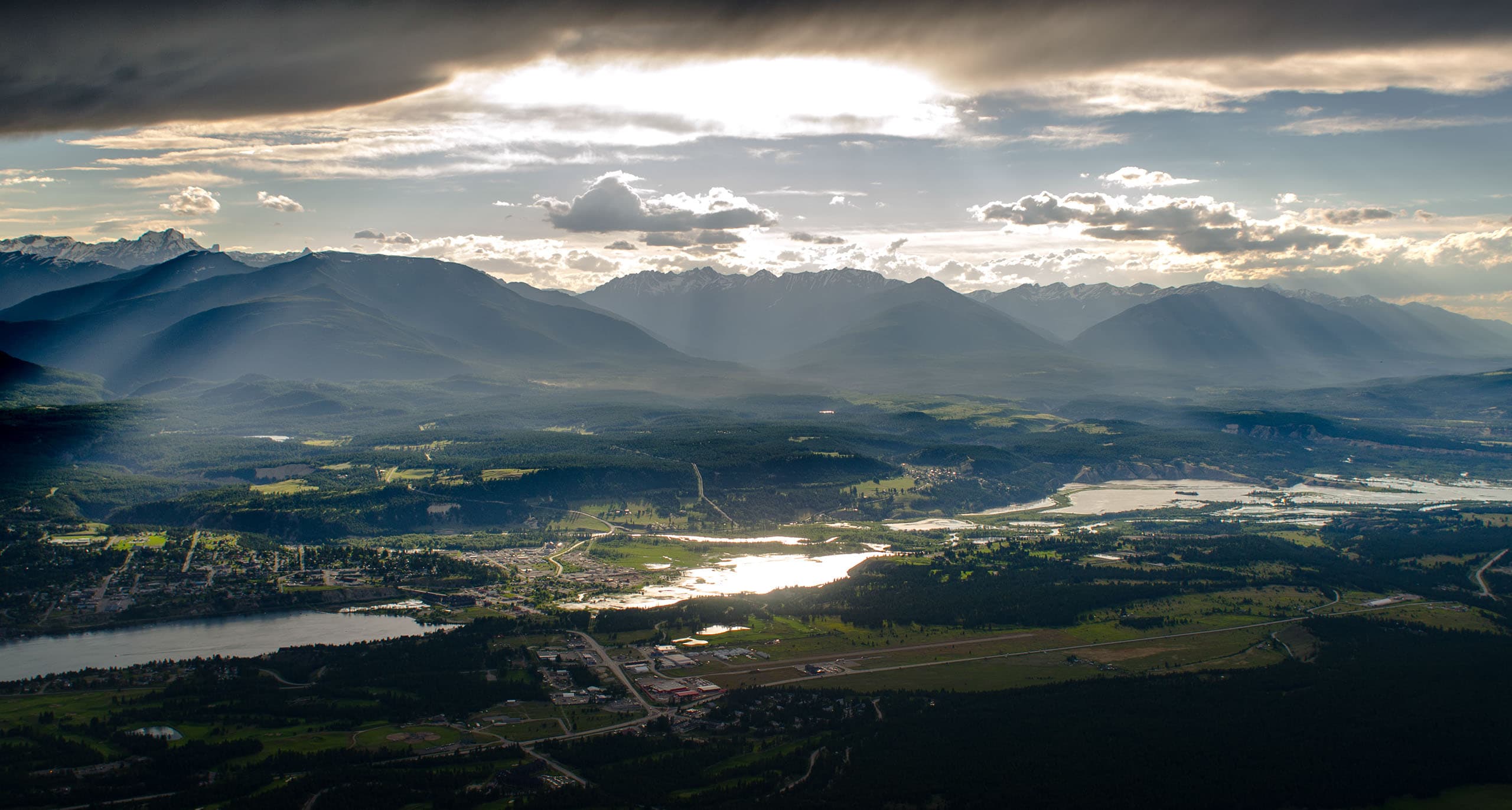 Aerial view of the Invermere valley in golden evening light